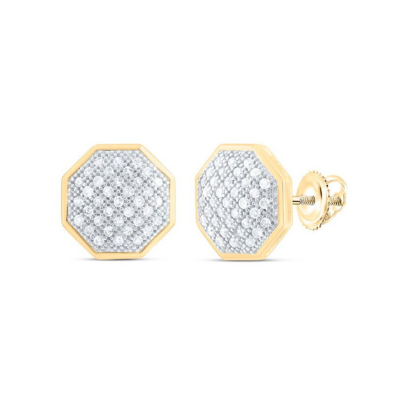 0.20ctw Diamond Octagon Mens Stud Earrings 10k Yellow Gold Screw Back - Picture 1 of 2